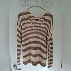 Vince Women's Cream & Beige Loose Weave Cotton Striped V-Neck Sweater (Size XS)